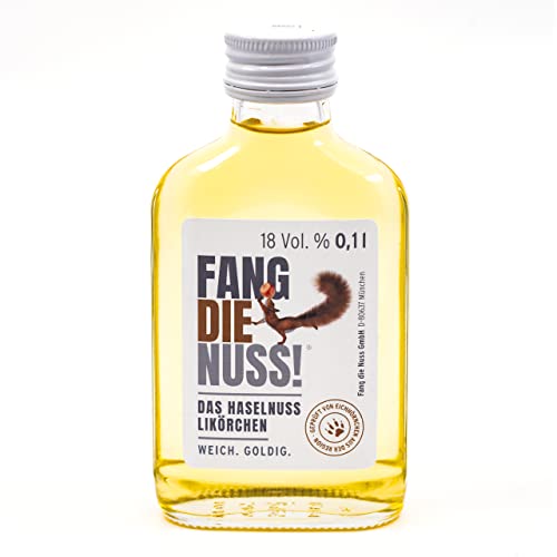 Fang die Nuss! | Haselnusslikör | Flachmann 100ml | Weich. Goldig. | 18% Alkohol Vol. | Geprüft von Eichhörnchen aus der Region Cover