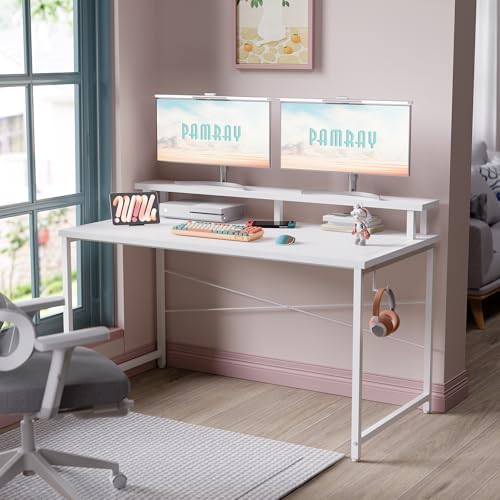 Image of Pamray 47 Inch Small Computer Desk with Monitor Stand, Simple Office Desk with Headphone Hook for Small Spaces, Kids Study Writing Table for Bedroom, White