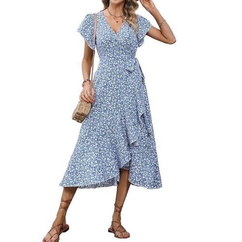 Image of Summer Dresses V Neck Short Sleeve Floral Midi Dress with Tie Waist Ruffled Boho Casual Dress for Beach Vacation
