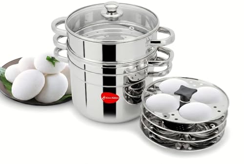 Image of KLASSI KICHEN Stainless Steel Idli Maker 1.5 Litre with Glass Lid & Pipe Handle | 4 Plates 16 Idlis Steamer | Gas Stove & Induction Compatible | Idli Cooker Steamer Pot | South Indian Idli Stand Maker