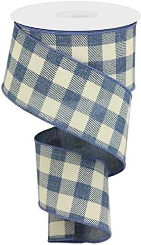 Plaid Check Wired Edge Ribbon, 50 Yards (Faded Denim Blue, Ivory 2.5")