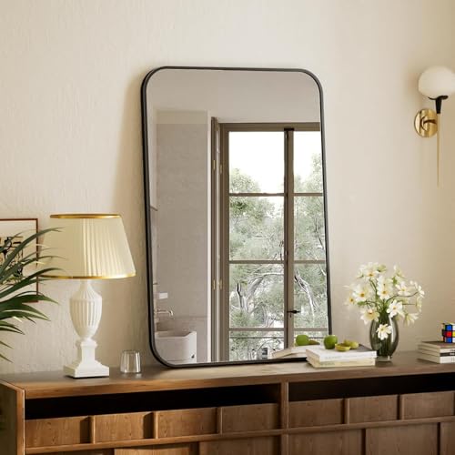 Kdtoll Espejos Decorativos de Pared 90 x 60 cm, Espejos de Pared Rectangular para Baño con Esquinas Redondeadas, Marco de Aleación de Aluminio, Espejo Pared para Dormitorio, Salón y Pasillo