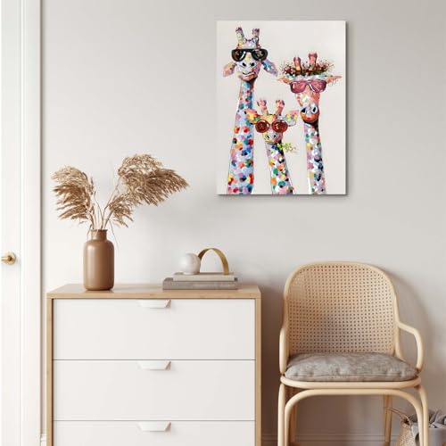 Leinwand Bilder Wandbild 30x40 cm mit Rahmen – Bunte Giraffen im -Design, Kunstdruck auf Leinwand, Ideal für Wohnzimmer, Schlafzimmer oder Kinderzimmer, Mit fixierten Haken und ohne Spuren Nägeln