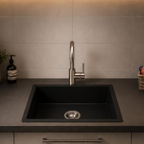 Image of Carysil SALSA MAX Quartz Kitchen Sink 21 x 18 x 8 inches, Single Bowl, 80% Quartz & 20% Resin, Heat Resistant 300C, 50kg Load, Scratch & Stain Resistant, Granite Sink, 304 SS Coupling - Nera