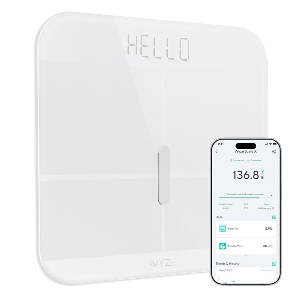 Wyze Smart Scale X - Digital Bathroom Scale for Body Weight, BMI, Body Fat, Muscle Mass, Heart Rate Monitor | ITO Glass & LED Backlight | Batteries Included, 400 lbs (White)