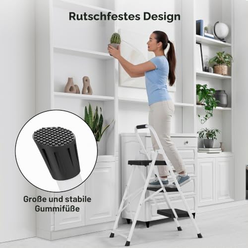 BONTEC Trittleiter 3 Stufen Klappbar, 150 kg Kapazität, Stahl, Weiß