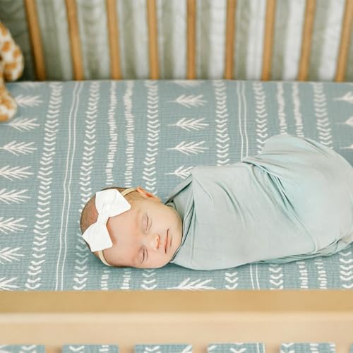 Image of GRSSDER 100% Cotton Muslin Crib Sheet 2 Pack - Breathable & Ultra-Soft Fitted Crib Sheets for Standard Baby & Toddler Mattresses, 52 inchx28 inch with 9 inch Deep Pocket, Snug Fit All-Around Elastic