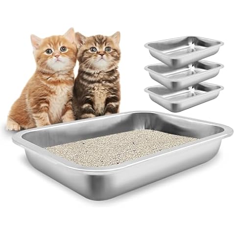 Fhiny 4Pack Stainless Steel Kitten Litter Box, Small Size Low Entry Metal Cat Open Litter Pan Potty Kitten Training Toilet Odor Control Smooth Surface Easy to Clean for Kitten Bunny Cover