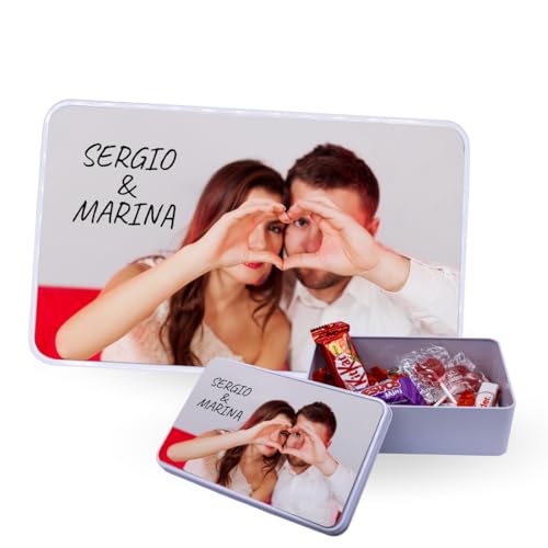 DEREGALOOS Caja de Bombones Personalizada con Foto. Lata Metálica Blanca o Gris Personalizada. Regalo Romántico para San Valentín o Aniversarios. Caja Decorativa con Imagen para Pareja (Gris)