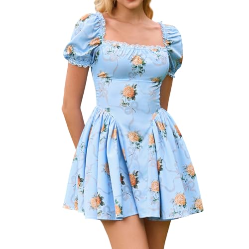 Image of Parthea Women's Floral Square Neck Mini Dress Lace Puff Sleeve Off Shoulder Smocked Flowy A Line Summer Dresses for 2026