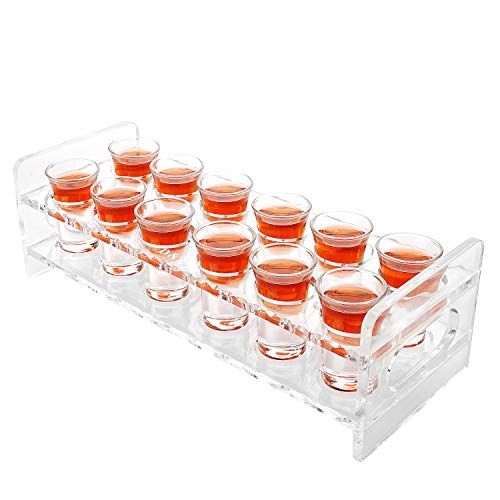 D&Z Shot Glass Holder, 12 Heavy Base Crystal Clear Shot Glasses for Whiskey Vodka Rum Cocktail Tequila, Acrylic Shot Glass Set Stand/Rack/Display/Serving Tray for Bar,Pub,Party [ 1 oz. Each Glass ]