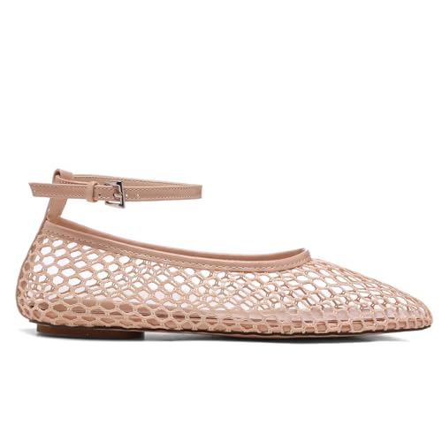 Mesh Ankle Strap Flats for Women Round Toe Ballet Flats Shoes,Casual Mary Jane Flats Comfortable Daily Dress Shoes