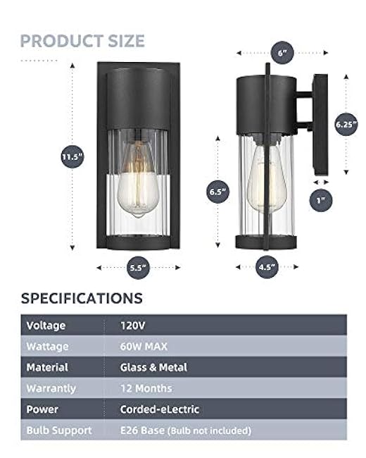 Outdoor Wall Lights, 2 Pack Black Exterior Lighting Fixtures Outdoor Waterproof Wall Mount Lantern with Glass, Modern Outside Wall Sconce for House Porch Garage Doorway, 2254/1W-2PK