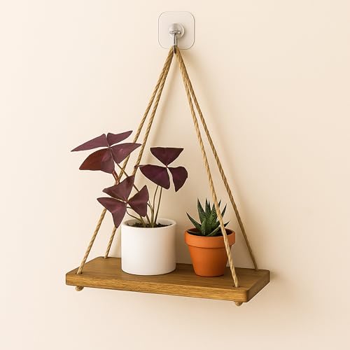 Image of Wooden Hanging Shelves Adjustable Rope Hanging Shelf, Wall Hanging Home Decor, Lightweight, Premium Wooden Shelf, Hanging Plant Shelf for Bedroom and Living Room Natural Finish