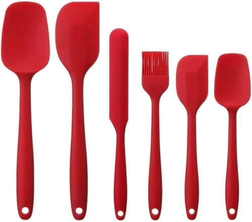 Image of Achintya 6-Piece Silicone Spatula Set | Heat Resistant Non-Stick Kitchen Utensils for Baking & Cooking | Flexible Rubber Scrapers, Basting Brush & Icing Spatulas for Mixing (Red)