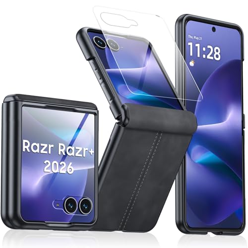 Image of for Motorola Razr+ Plus 2026 Case /Razr+ Plus 2025 Case with Hinge Protection & Built-in Outer Screen Protector, PU Leather Matte PC Shockproof Cover, Slim Case for Razr+ 2026 /2025-Black Gray