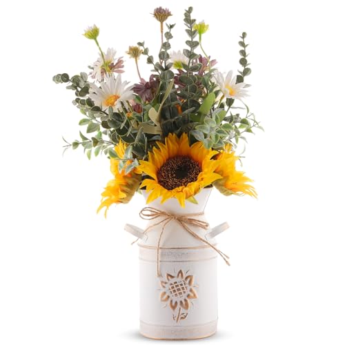 Fake Flowers in Vase,Sunflowers Artificial Flowers Silk Flower Arrangements with Metal Flower Vase Faux Flowers Sunflower Kitchen Decor Yellow Bathroom Decor Sunflower Gifts for Women (Yellow)
