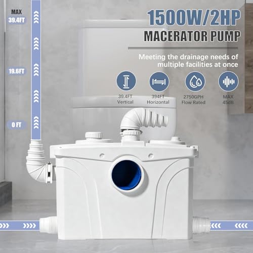 Image of 1500W Macerator Pump with 2 Outlets /4 Inlets, 2HP Sewage System for Toilet | 1500W Macerator Pump with 2 Outlets /4 Inlets, 2HP Sewage Pump for Basement, Sink, Toilet, Laundry, Kitchen