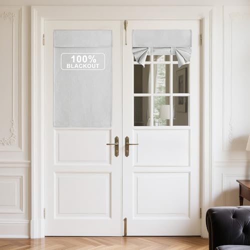 NICETOWN 100% Linen Blackout French Door Curtains, Privacy Door Window Curtains, 26 X 40 Inch Long Room Darkening Blinds, Thermal Insulated Tie Up Sha