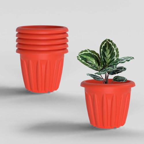 Image of YUCCABE ITALIA SHERA Floot 8 Inch Plastic Flower Pot 6 Piece Set of Round Shape Planter for Home Garden Seedling Planter for pots (Red)