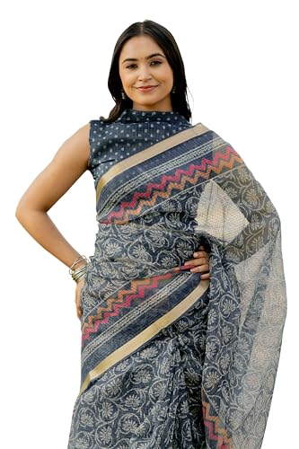 Image of MIRCHI FASHION Kota Doria Cotton Saree with Blouse Piece | Leaf Floral Printed Saree for Women | Traditional Ethnic Daily Wear Summer Saree