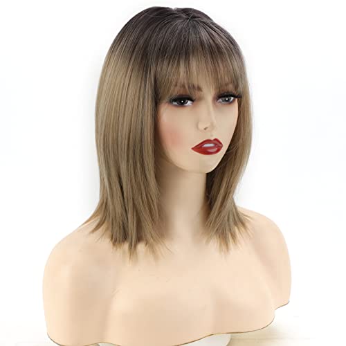 Renershow Short Ombre Blonde Wig With Bangs Layered Straight Bob Synthetic Wigs For Women Mixed Blond Wig With Dark Roots Natural Looking Daily Party Wig(14Inch) #TOP1