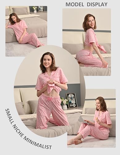 Image of NAP BOUND 100% Cotton Women's Pajama Sets Short Sleeve Button Down Soft Pjs 2 Piece Lounge Set with Pocket Nightwear XS-XXL