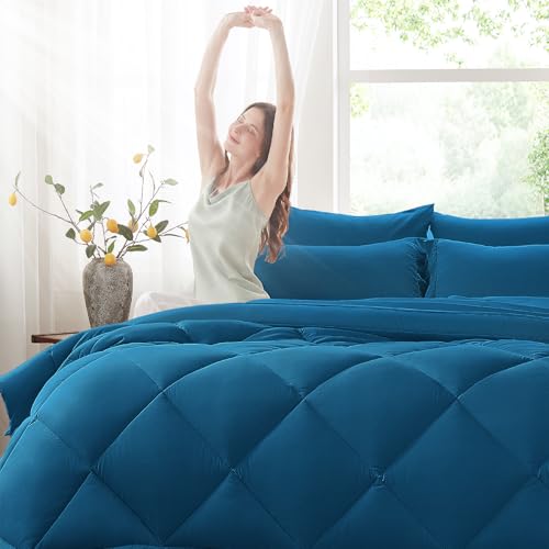 Anluoer Queen Comforter Set,Teal Bed in a Bag 7 Piece,Lightweight Bedding Set with Soft Down Alternative Fill,Bed Set Includes Comforter, Fitted Sheet, Flat Sheet,Pillowcases and Shams