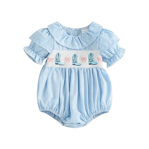 Kupretty Baby Girl Embroidery Smocked Romper Plaid Short Puff Sleeve Ruffle Collar Gingham Bubbles Playsuit Summer Clothes