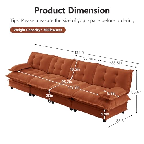 Image of 139 inch Sectional Sleeper Sofa, Modular Deep Seat Couches for Living Room Apartment, Flexible Module Combination Cloud Sofa with Spring Support, Easy Assembly, Orange