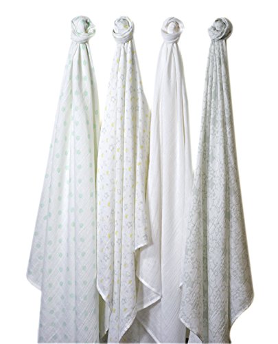 SwaddleDesigns X-Large Cotton Muslin Swaddle Blankets, Goodnight Starshine, Sterling, Set of 4