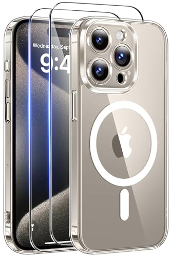 Qasyfanc Magnetic for iPhone 15 Pro Case with 2 Tempered Glass Screen Protector Compatible with MagSafe Full Camera Protection [Anti-Yellowing] Shockproof Protection Phone Case Clear