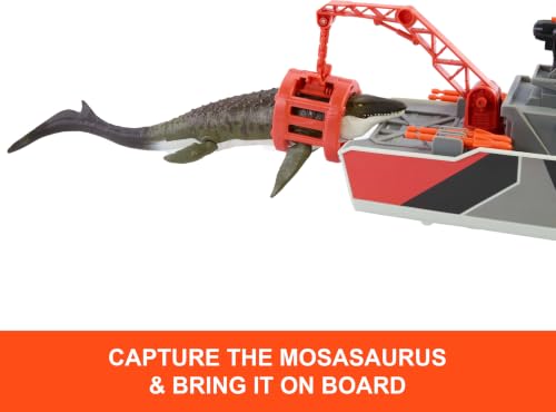 Image of Matchbox Toy Car Playset, Jurassic World 12.5 inch Dino Boat with 13 inch Mosasaurus Dinosaur, 1:64 Die-Cast Jeep, Harpoon Missiles & Detachable Rescue Boat