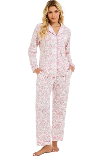 Image of LUBOT 100% Cotton Pajamas for Women Pajama Set 2 Piece PJ Sleepwear Set Soft Ladies Button Knit Long Sleeve Loungewear XS-XXL
