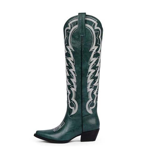 Modatope Cowgirl Boots Women Green Embroidered Knee High Chunky Heel Pointed Toe Cowboy Wide Calf Boots for Women Retro Fashion Western Boot Size 11 — view 4