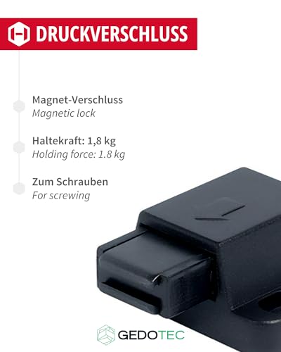 Gedotec Magnet-Druckverschluss für 1-flügelige Glastüren & Möbel | Doppel-Schnäpper Haftkraft 1,8 kg | Magnet-Schnäpper schwarz | Push-top Open Schnäpper zum Schrauben | 2 Stück - Druckschnäpper Glas
