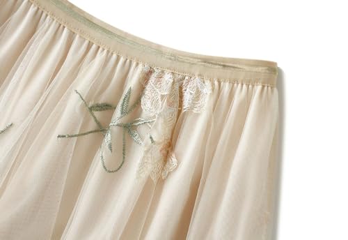 Women's 3D Floral Embroidered Tulle Skirts Mesh Layered Midi Skirt Elastic High Waist A-line Spring Summer Skirts2