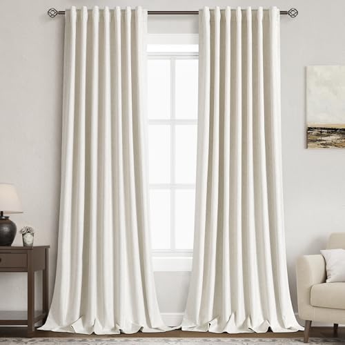 Image of Beige White 100% Blackout Linen Curtains 108 Inches Long for Bedroom Back Tab Thermal Insulated Modern Farmhouse Decor Black Out Curtain for Living Room Floor to Ceiling High Window 52x108, 2 Panels