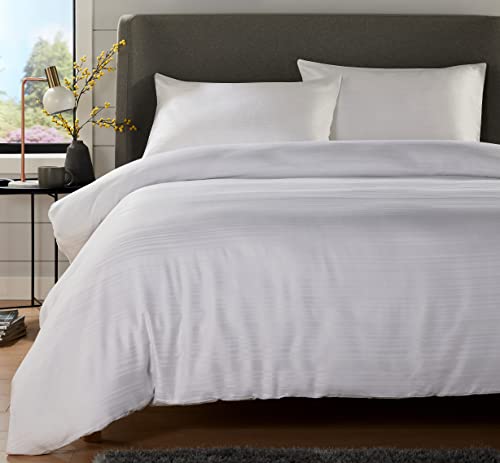 Olivia Rocco Stripe Jacquard Duvet Cover Set Cotton Blend Eco Friendly Easy Care Stylish Comforter Breathable Quilt Covers Reversible Bedding Bed Sets with Pillowcases, White King