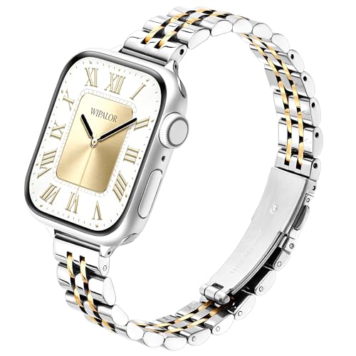Image of Wipalor Thin Classic Metal Chain Band Fit Slim Apple Watch Bands for women 42mm 41mm 40mm 38mm, Dressy Designer Stainless Steel iWatch Bands for iPhone Watch Series 11 10 9 SE 8 7 6 5 4 3 2 1-Silver /Gold