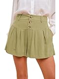 Famulily Summer Shorts for Women High Waisted Linen Shorts with Pockets Pleated Wide Leg Comfy Tailored Shorts Green XL