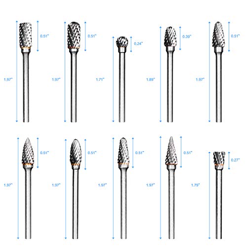 Rotary Burr Set, 10Pcs Tungsten Carbide Rotary Burrs Set Double Cut Points Files Grinder Fit Rotary Tool For Engraving Wood Working Carving Polishing And Drilling, 1/8" Bit Shank 1/4” Head Size #TOP1