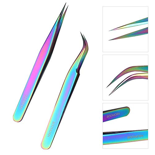 BOOMORN Eyelash Extension Tweezers Straight Curved Rainbow Precision False Tweezers Set Stainless Steel Nail Art Sticker Rhinestone Eyelash Picker Acrylic Gel Nail DIY Art Tools 2PCS