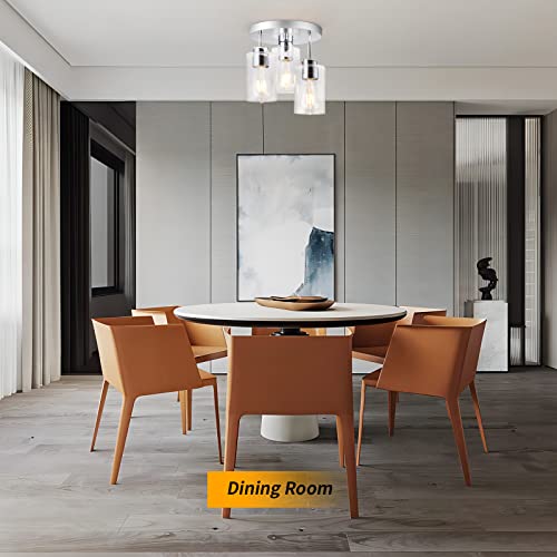 Foucasal QLXDD0068C Semi Flush Mount Ceiling Light 3-Light Chrome Flush Mount Ceiling Light Fixtures With Clear Glass Shade, Modern Kitchen Ceiling Light For Bedroom Stairs Porch Hallway Entryway, E26 Socket thumb #2