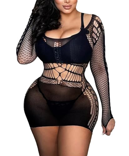 Image of Leypafy Fishnet Dress Lingerie for Women Hollow Out Sleepwear Mesh Chemise Sexy Mini Babydoll Outfit(Zjq,Black)