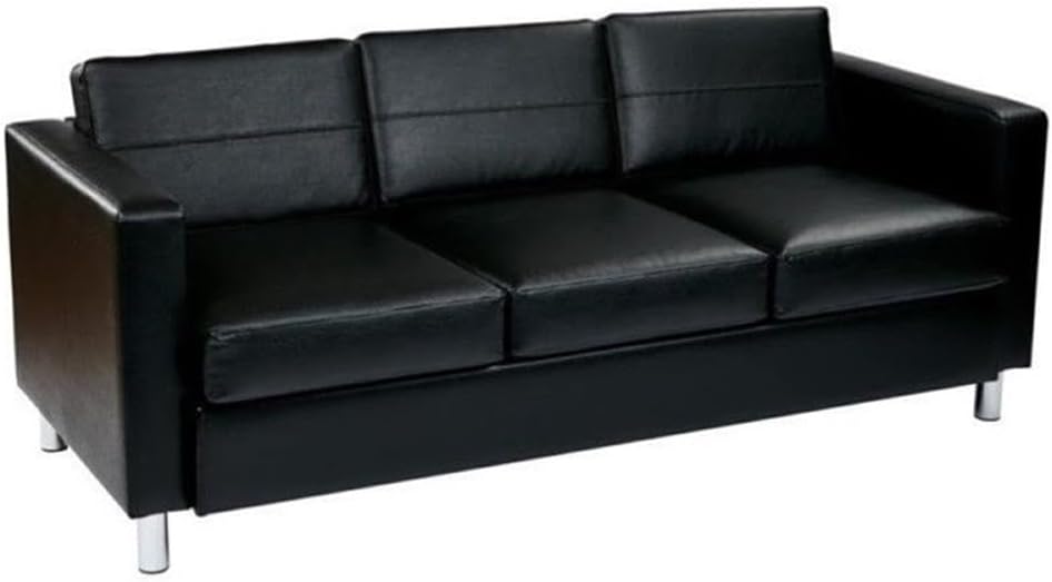 BOWERY HILL Contemporary Faux Leather Sofa Couch, 72.5" W x 30.5" D x 29.5" H, Black Finish, Box Spring Seats, Barrel-Shaped Silver Legs, Durable Upholstery, Modern Living Room Seating