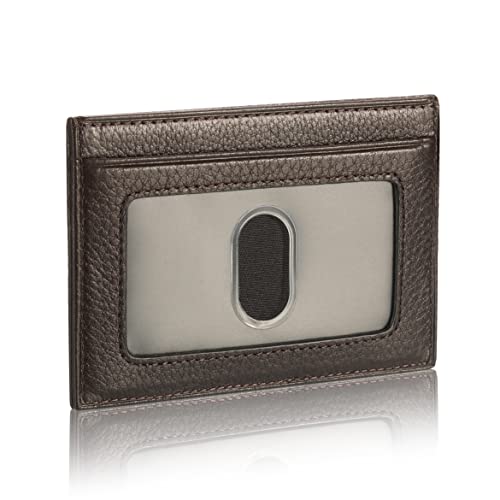 Image of HISCOW Slim Full Grain Leather Card Holder with ID Window, Pebbled Coffee | Men's minimalist EDC wallet, front pocket carry, 2 credit card slots & center pocket, fits folded bills, premium gift box