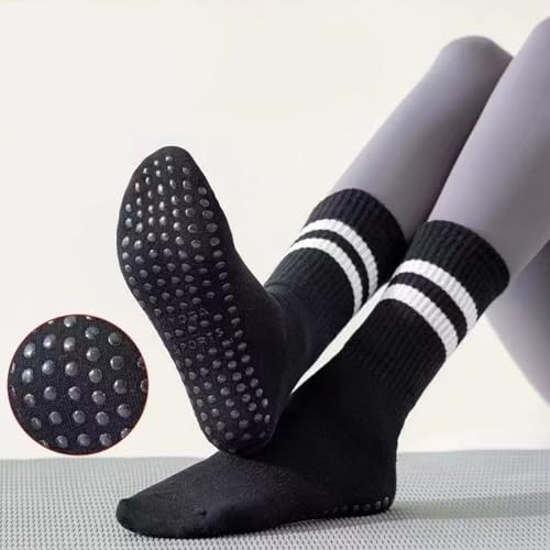 Non-Slip Yoga Socks for Women with Silicone Grip Sole Mid-Calf Anti-Skid Pilates Socks Black Striped2