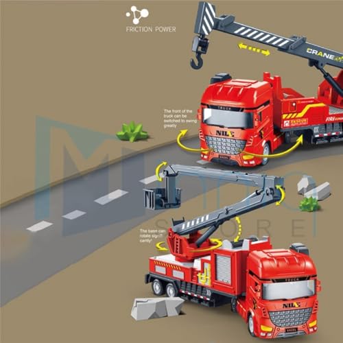 Image of Excavator and Military Tank, Manual Push Power Large Transport Trailer Vehicles Truck Toys Alloy Diecast Truck Set Toy Best Birthday Gift for Kids (Fire Resque Truck Set)