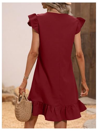 Image of SOLY HUX Summer Dresses for Women V Neck Cap Sleeve Ruffle Hem Smock Short Dress Plain Burgundy Large